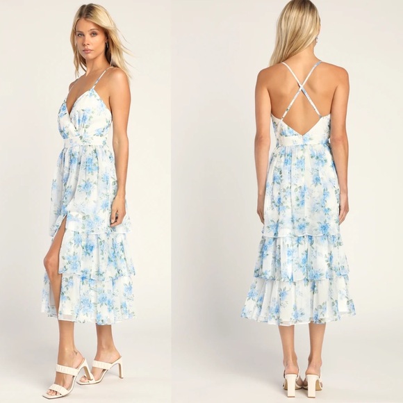 Lulus NWT Cultivate Crushes White Floral Print Tiered Ruffled Midi Dress XSMALL - Picture 2 of 11